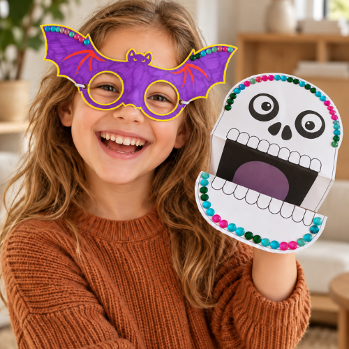 Bouwplaat griezelen masker en handpop