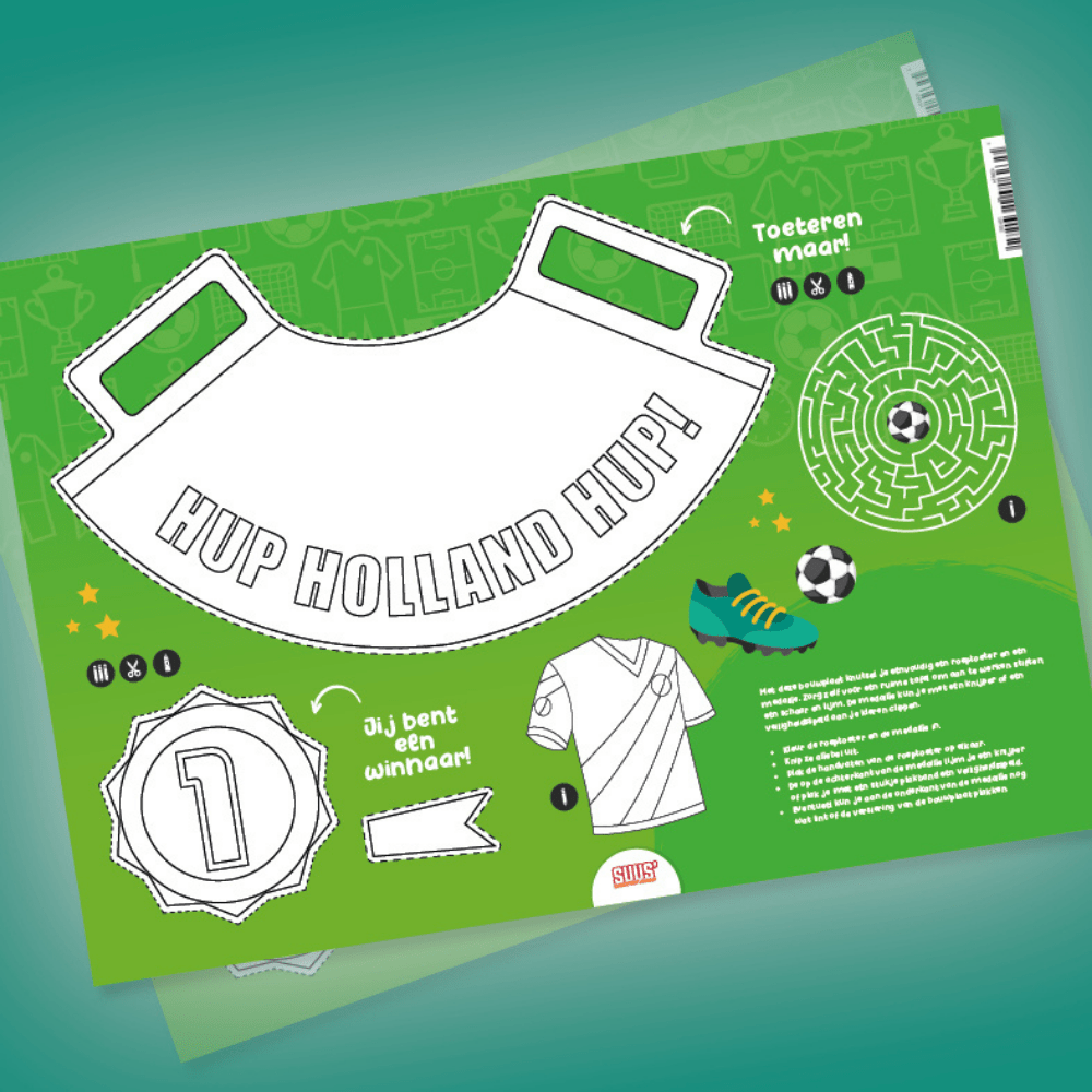 bouwplaat voetbal roeptoeter maken. Op de afbeelding zie je de bouwplaat waarmee je dit kunt maken