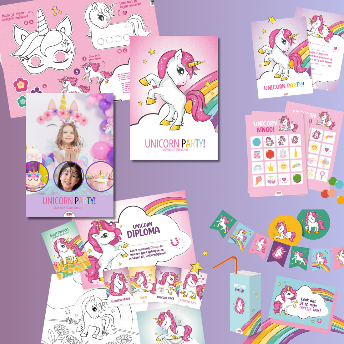 unicorn kinderfeestje, alle materialen in een overzicht bij elkaar