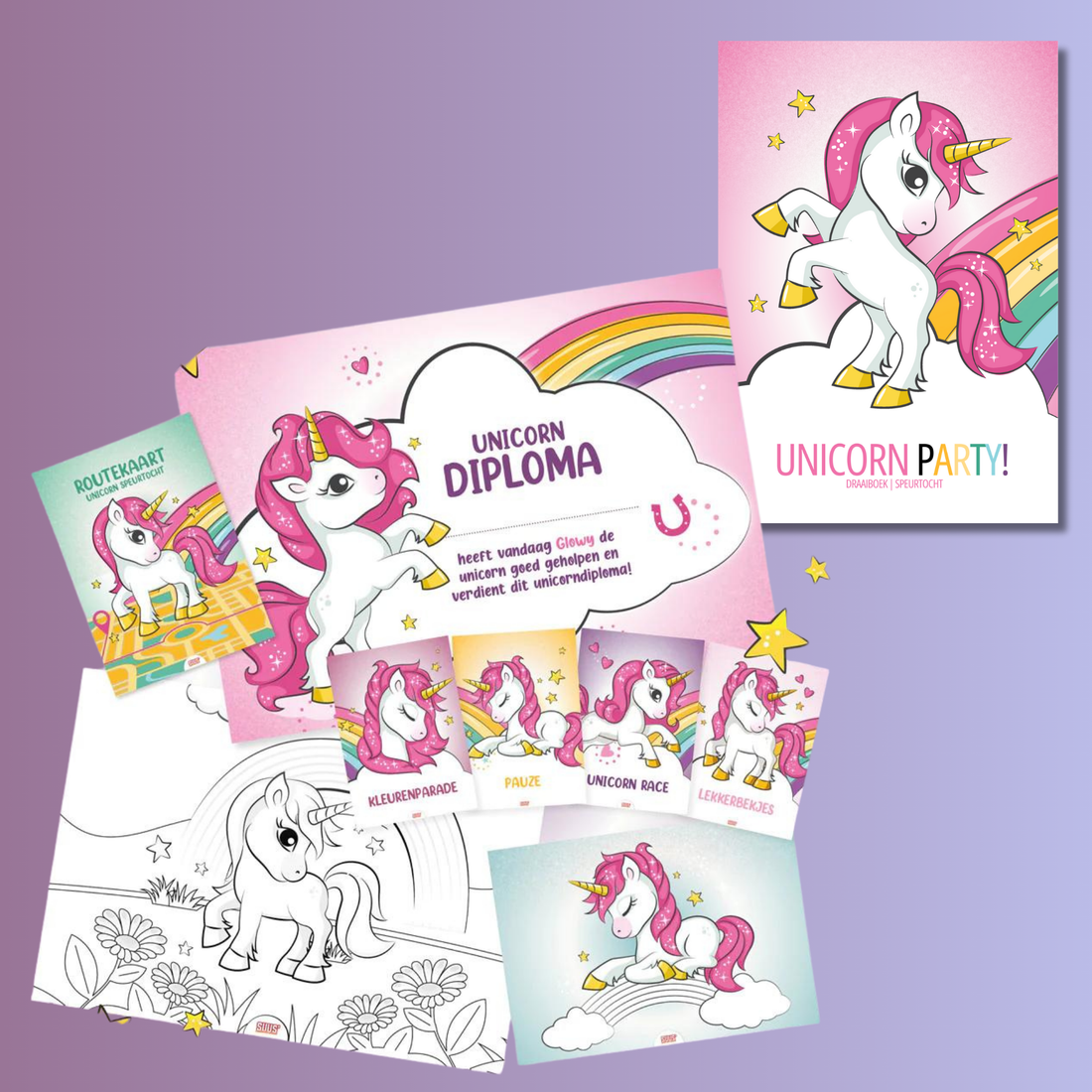unicorn speurtocht digitaal, afbeelding van de prints en het draaiboek