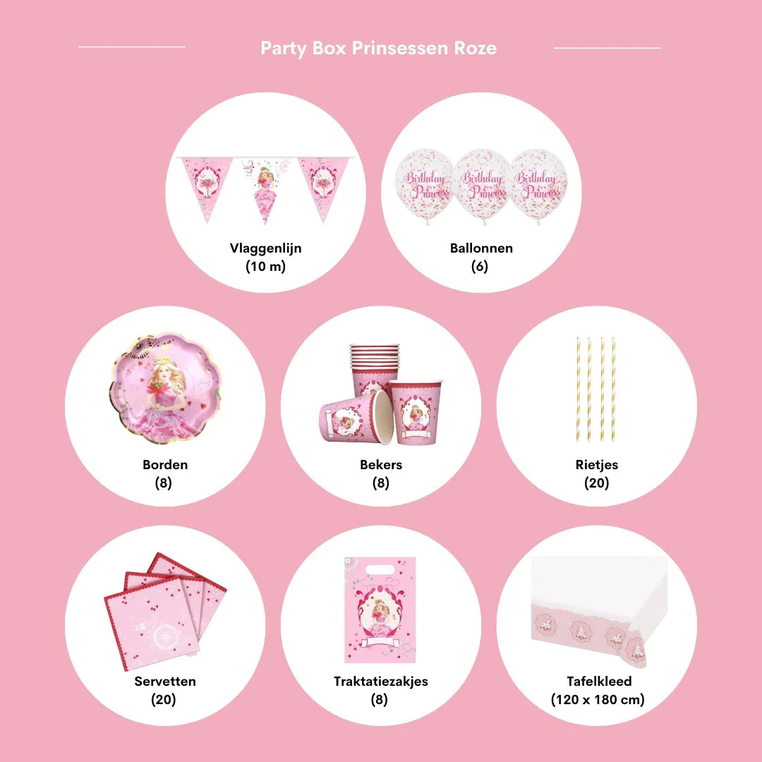 Feestpakket pink princess, pakket voor 8 kinderen