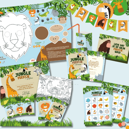 jungle kinderfeestje, overzicht van alle materialen die bij het feestje horen