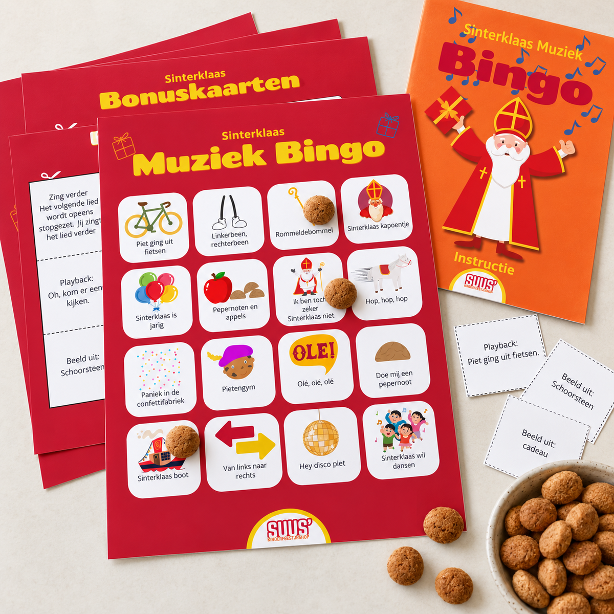 Sinterklaas muziekbingo met bingokaarten, bonuskaarten en instructie om zelf te printen