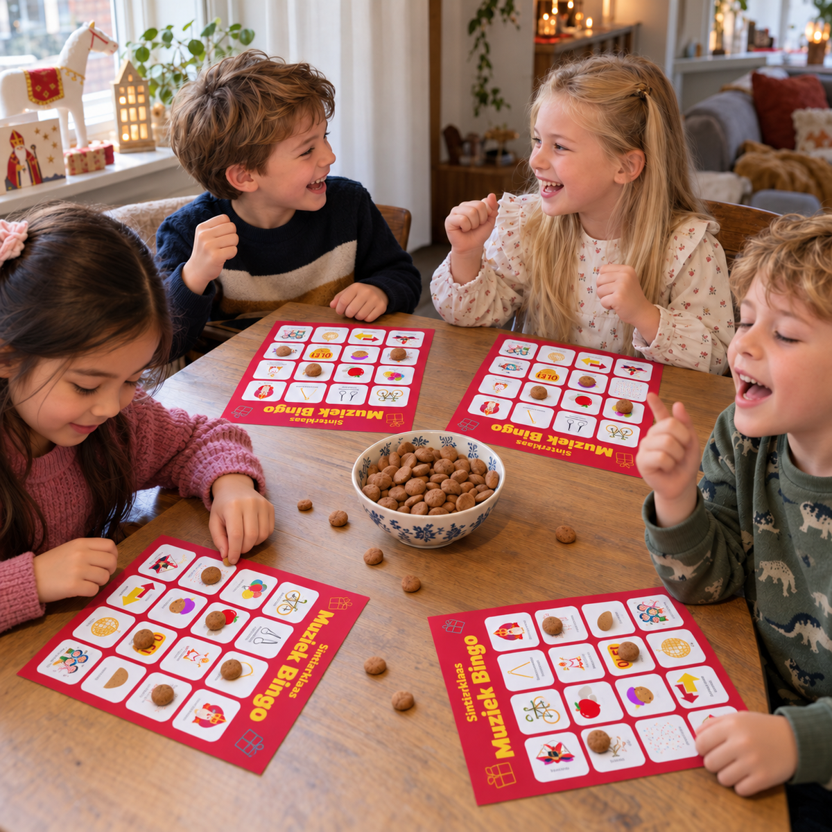 Kinderen spelen Sinterklaas muziekbingo aan tafel met pepernoten op hun bingokaarten