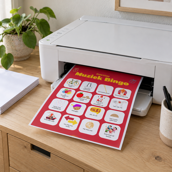Een printer print een rode bingokaart van de Sinterklaas muziekbingo