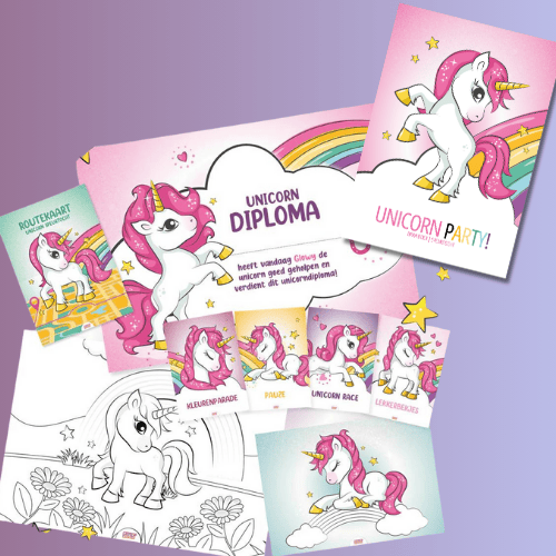 unicorn speurtocht digitaal, overzicht van de prints en afbeelding van het draaiboek
