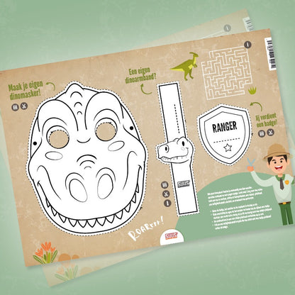 bouwplaat dinosaurus masker knutselen, op de afbeelding zie je een bouwplaat waarmee je een dino masker kunt knutselen